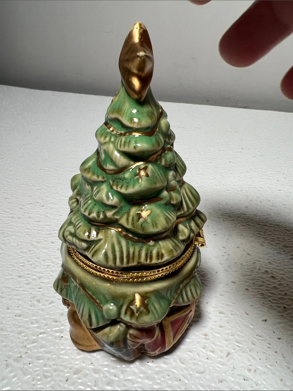 Vintage Green Ceramic Holiday Tree Jewelry Box with Gold Star on Top